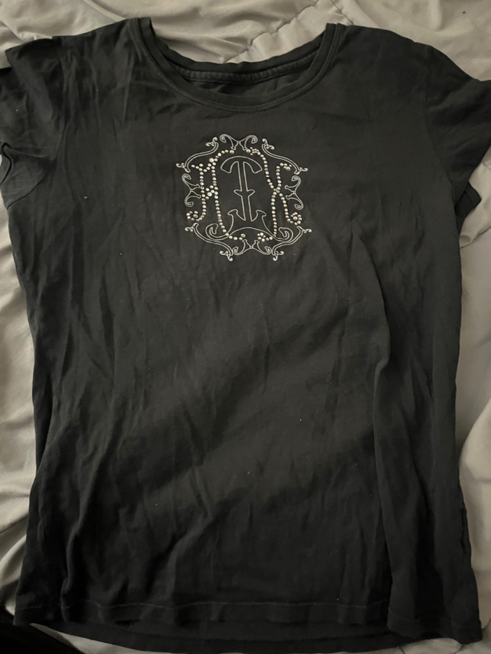 Armani Exchange Black Short Sleeve Tee with Studded Crest Detail